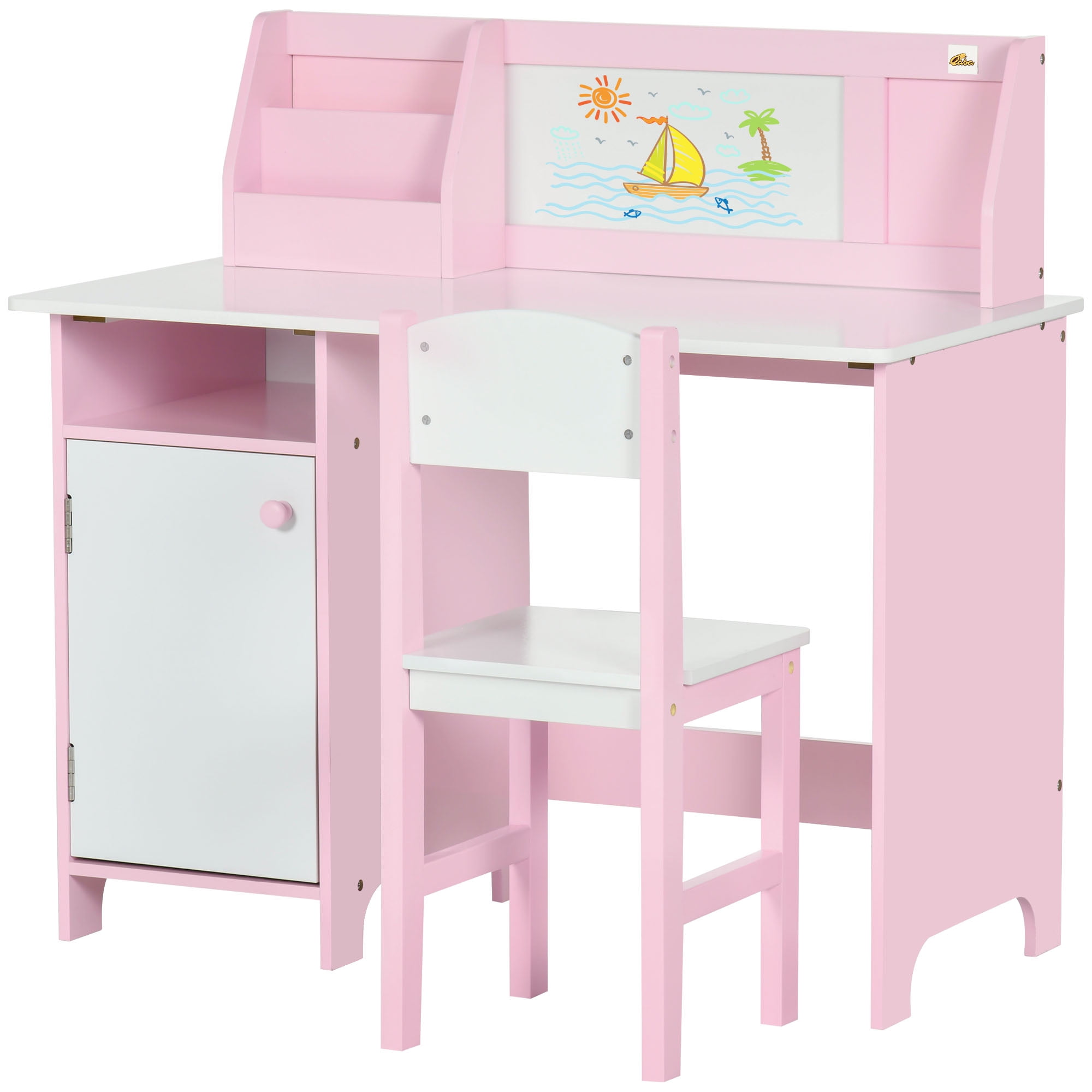 Homiyad Toddler Table and Chair Set, Kids Writing Desk Homework Table with Whiteboard, Storage Cabinet, Pink