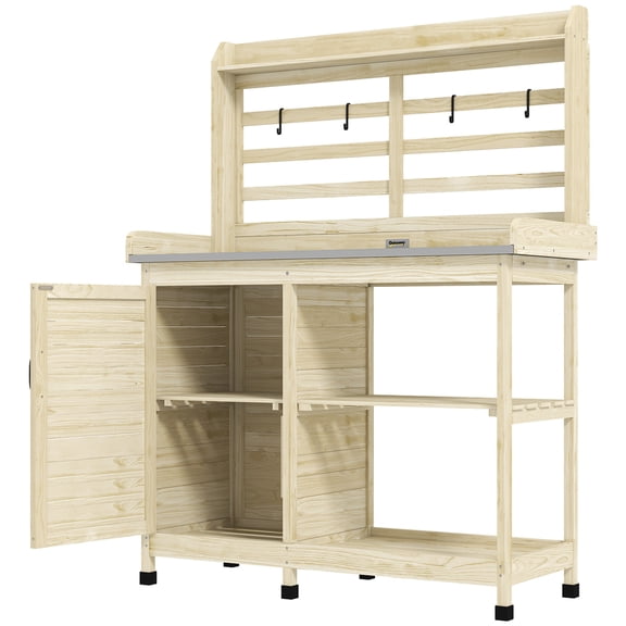 Homiyad Wooden Potting Bench with Storage, Sink, Water Tap for Backyard, Patio, Balcony, Natural