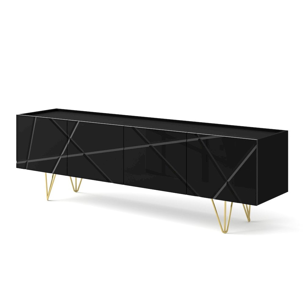 Black Gloss Modern TV Stand with Gold Metal Legs and Cabinet