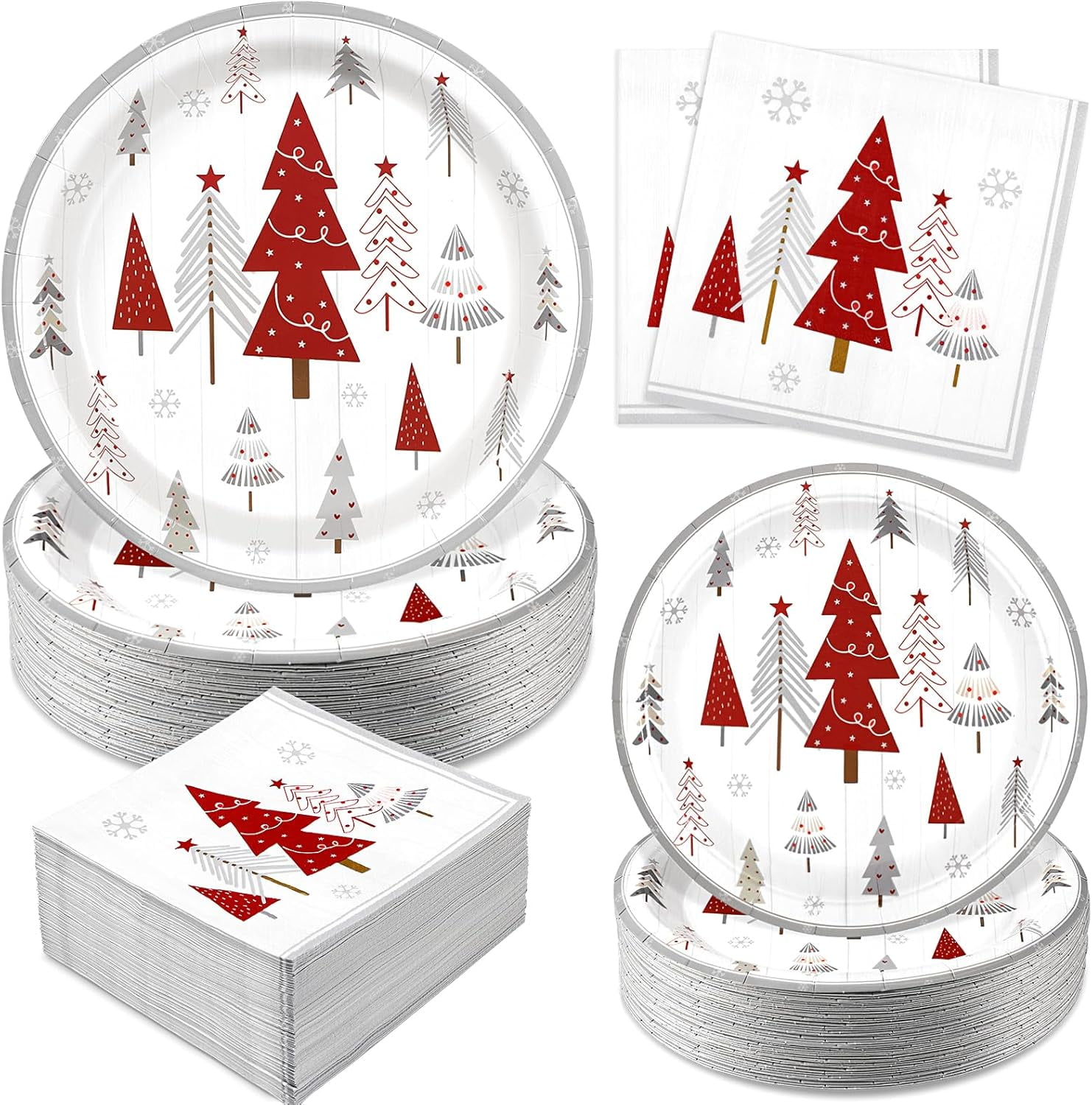 Homlouue 200 Pcs Christmas Paper Plates & Napkins Set - 50 Dinner, 50 Dessert Plates, 100 Napkins
