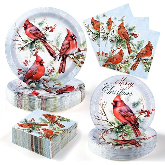 Waipfaru 200 PCS Christmas Paper Plates and Napkins Red Cardinal Bird Party Supplies Disposable Dinnerware Set for Xmas Party