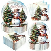 Homlouue 200 PCS Christmas Paper Plates and Napkins Snowman Party Supplies Disposable Dinnerware Set for Xmas