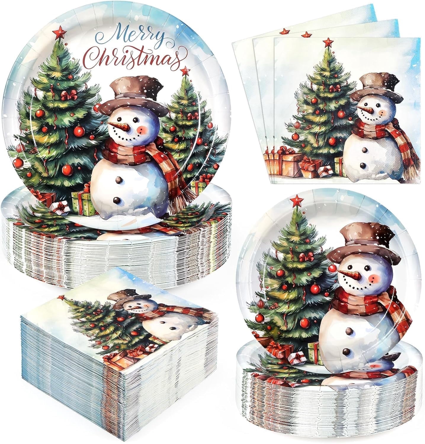 200 PCS Christmas Paper Plates and Napkins Snowman Party Supplies ...
