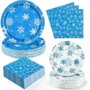 Waipfaru 200 PCS Christmas Paper Plates and Napkins White Snowflake Party Supplies Blue Disposable Dinnerware Set for Xmas Party