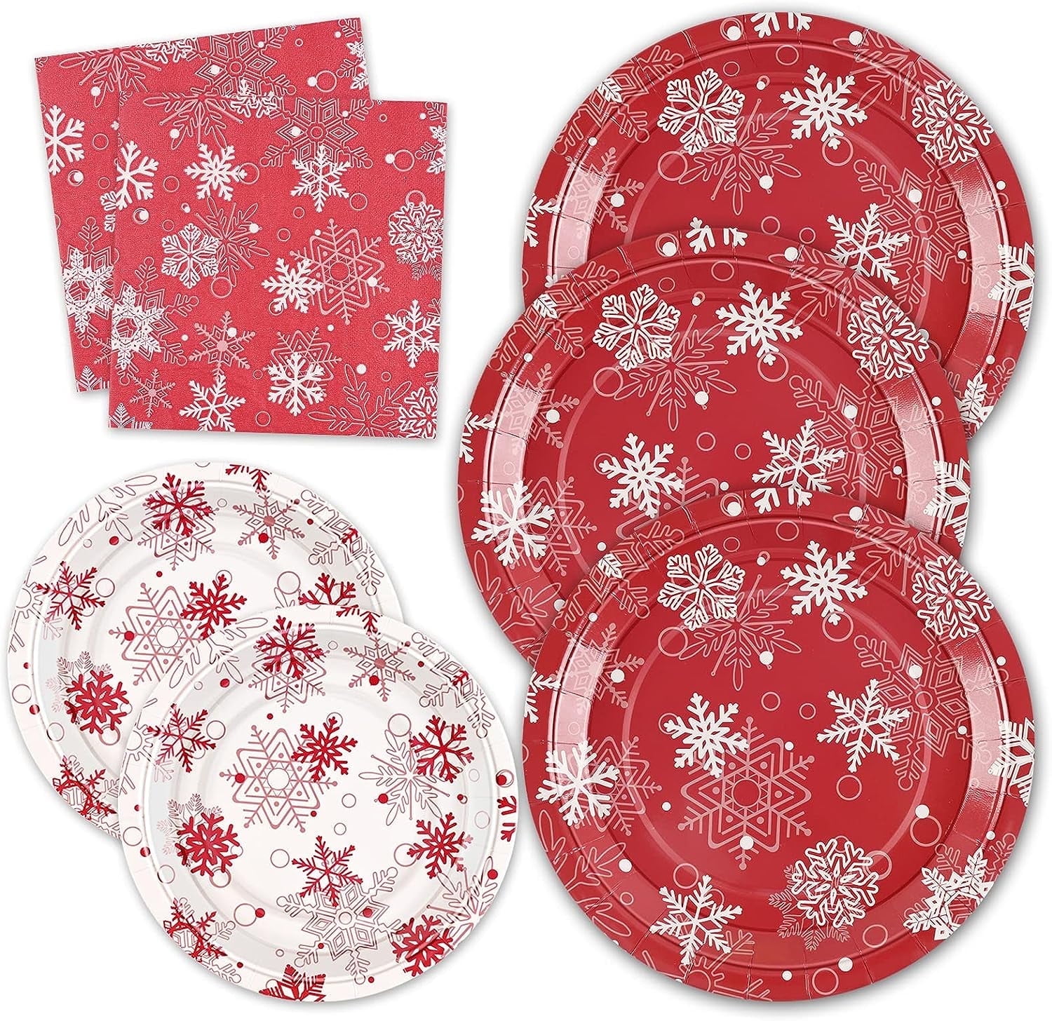 Waipfaru 200 PCS Christmas Paper Plates and Napkins White Snowflake Party Supplies Red Disposable Dinnerware Set for Christmas Decor