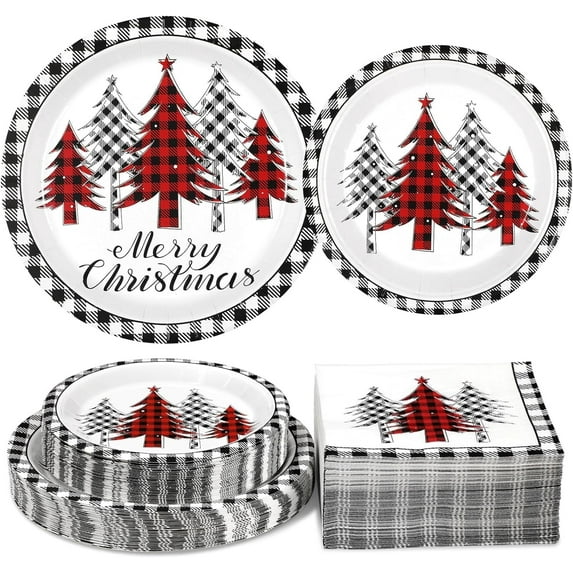 Waipfaru 200 PCS Christmas Tree Paper Plates and Napkins Christmas Party Supplies Disposable Dinnerware Set for Xmas