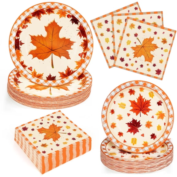 Waipfaru 200 Pcs Fall Paper Plates and Napkins Thanksgiving Party Supplies Autumn Leaves Disposable Tableware for Party Deocr