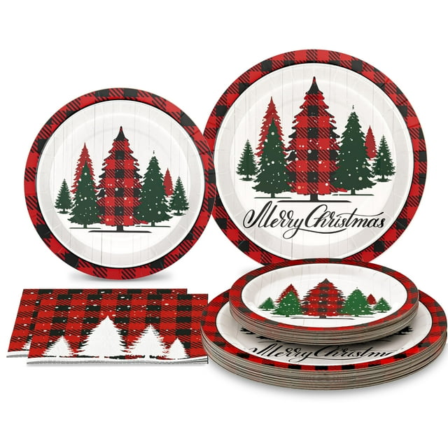 Homlouue 200 Pcs Christmas Paper Plates AFN1and Napkins, Red and White Disposable Set for 50 Guests, Christmas Tree Design, Party Table Decorations
