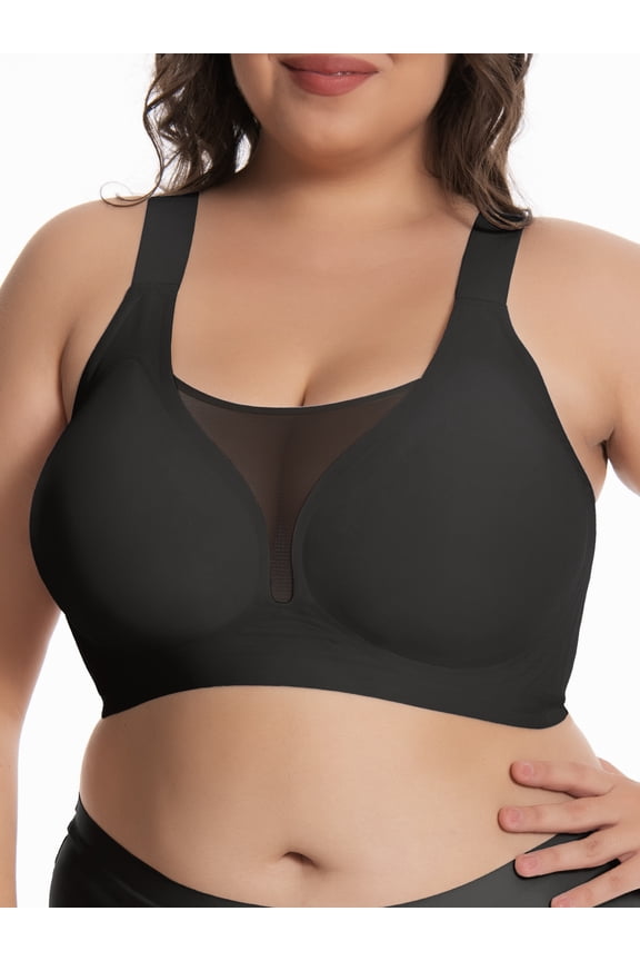 Plus Size Seamless Bras for Women Full Coverage Deep V Mesh Wireless Support Everyday Bra(Black 4XL)