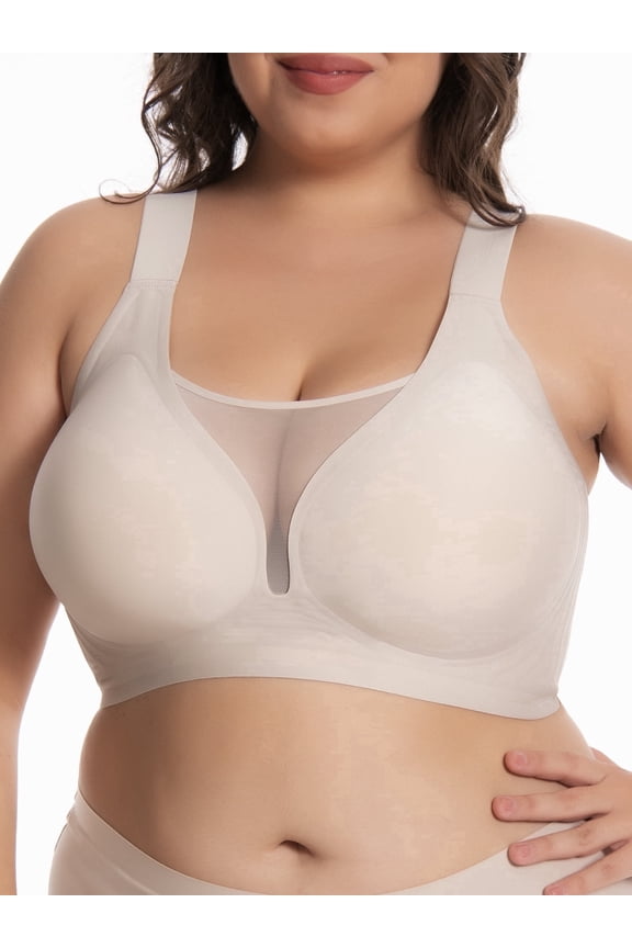 Plus Size Seamless Bras for Women Full Coverage Deep V Mesh Wireless Support Everyday Bra(Nude 3XL)