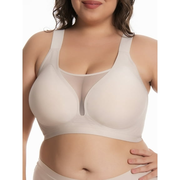 Homlouue Bras for Women Plus Size Push Up Bra Wireless with Support Bras for Women Full Coverage and Lift Deep V Mesh (Nude 3XL)