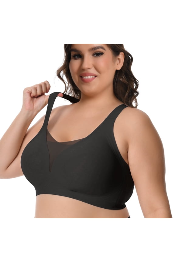 Bras for Women Push Up Plus Size Wireless bras Full Coverage Comfortable Deep V Double Mesh Everyday Bra (Black 2XL)