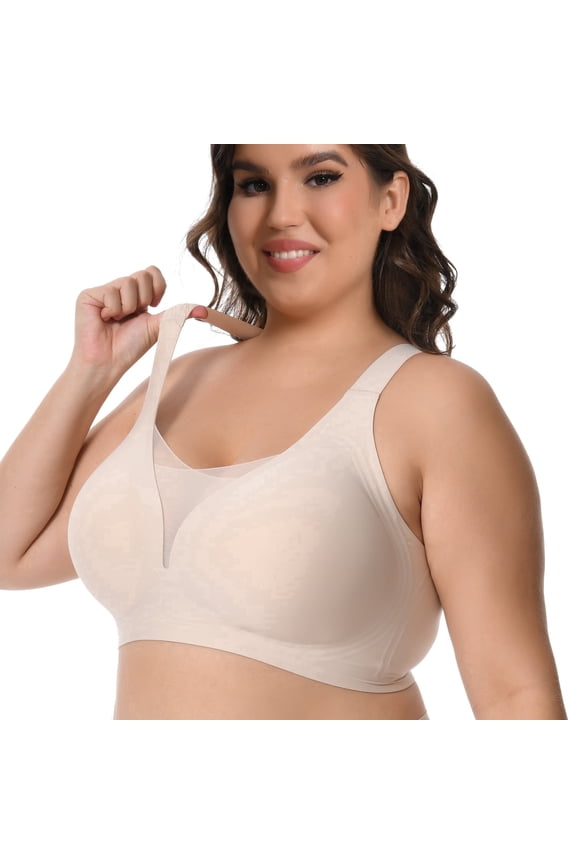 Plus Size Bras for Women Wireless Full Coverage Deep V Double Mesh Everyday Bra(Nude 3XL)