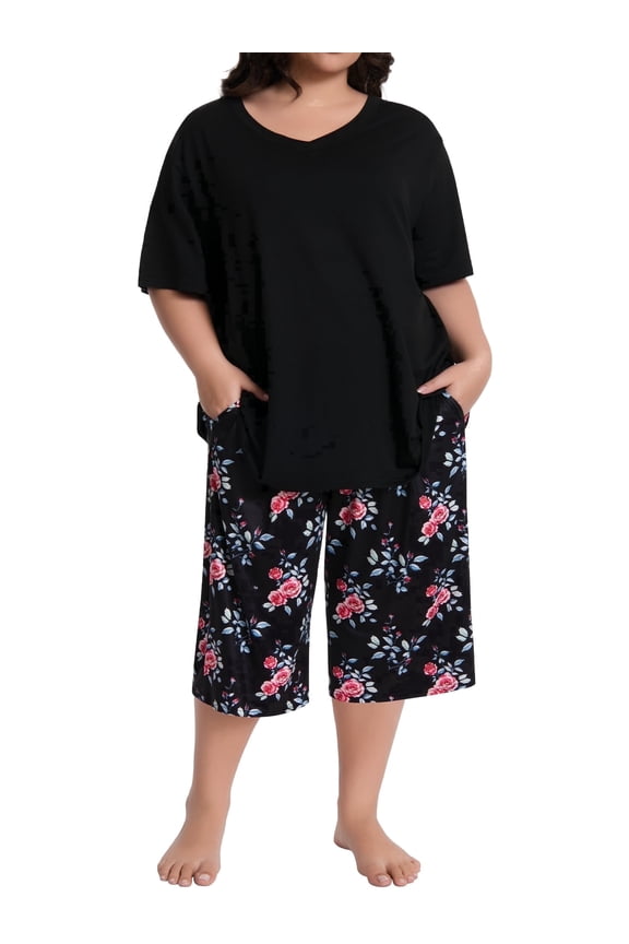 Plus Size Womens Pajama Sets,V-Neck Sleepwear Top&Capri Printed Pants with Pockets,2 Piece Womens Lounge Set(1XL,Black)