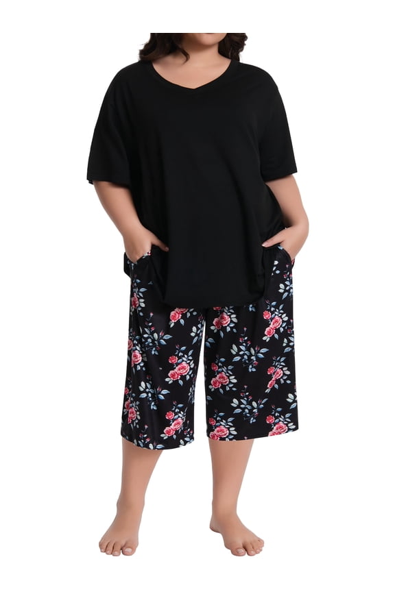 Plus Size Womens Pajama Sets,V-Neck Sleepwear Top&Capri Printed Pants with Pockets,2 Piece Womens Lounge Set(3XL,Black)