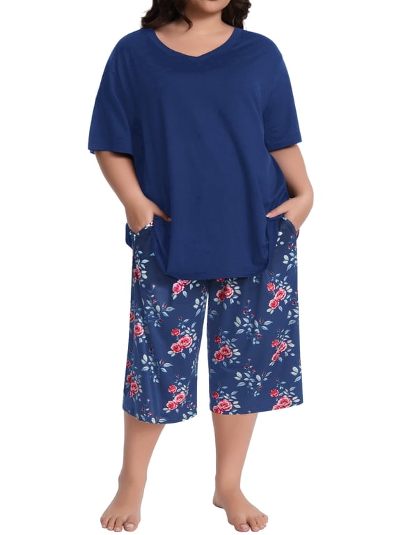 Plus Size Pajamas for Women Set,2 Piece Lounge Set with Pockets,Soft Sleepwear Top and Capri Printed Pants(3XL,Blue)