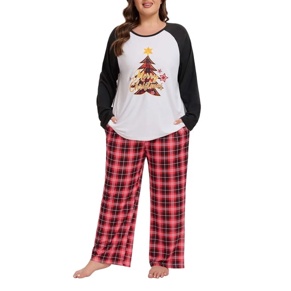 Homlouue Plus Size Christmas Pajamas for Women Two Piece Set Soft Holiday Sleepwear with Pockets Long Sleeve Red Tree Print Top and Plaid Pants