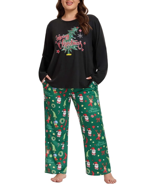 Plus Size Christmas Pajamas for Women Green Tree Print Top and Santa Print Pants Soft Winter Sleepwear Holiday Gift Pjs Set