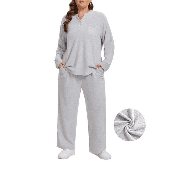 Homlouue Plus Size Lounge Sets for Women 2 Piece Outfits,Henley Top and Wide Leg Pants Soft Pajamas with Pockets,Comfortable Sleepwear Loungewear for Fall Winter Casual Wear Pjs Set