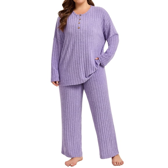 Homlouue Plus Size Lounge Sets for Women 2 Piece Ribbed Womens Pajama Sets Long Sleeve Top and Pants Outfits Soft Cozy Sleepwear