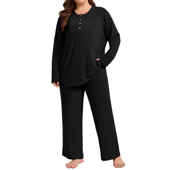 Homlouue Plus Size Lounge Sets for Women 2 Piece Ribbed Womens Pajama Sets Long Sleeve Top and Pants Outfits Soft Cozy Sleepwear