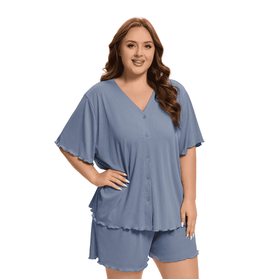 Homlouue Plus Size Pajama Sets for Women,V-Neck Short Sleeve Top and Shorts with Pockets,Ribbed Knit Lounge Wear for Summer,3XL,Blue