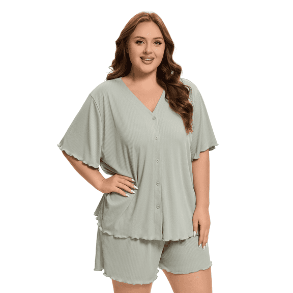 Homlouue Plus Size Women's Pajama Sets,Ribbed Knit Cooling Summer Lounge Set with Pockets,V-Neck Button Down Short Sleeve Top and Shorts,3XL,Green