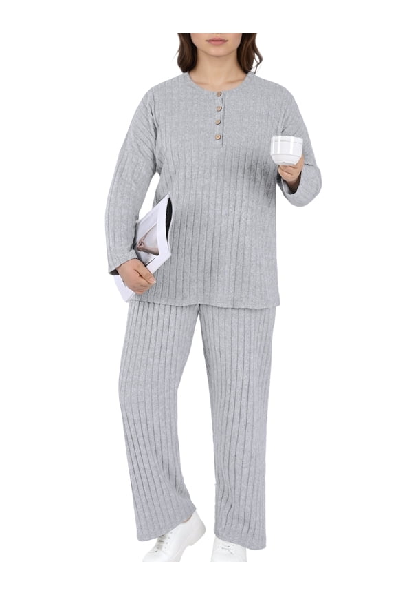 Plus Size Lounge Sets for Women 2 Piece,Outfits for Women Solid Color Ribbed Wide Leg Pants and Long Sleeve,Perfect Gift for Family & Friends(Gray 1XL)