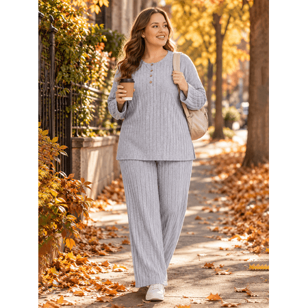 Homlouue Plus Size Lounge Sets for Women 2 Piece,Outfits for Women Solid Color Ribbed Wide Leg Pants and Long Sleeve,Perfect Gift for Friends(Gray 1XL)