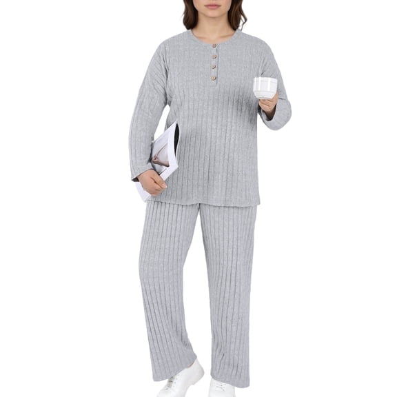 Homlouue Plus Size Lounge Sets for Women 2 Piece,Outfits for Women Solid Color Ribbed Wide Leg Pants and Long Sleeve,Perfect Gift for Family & Friends(Gray 2XL)