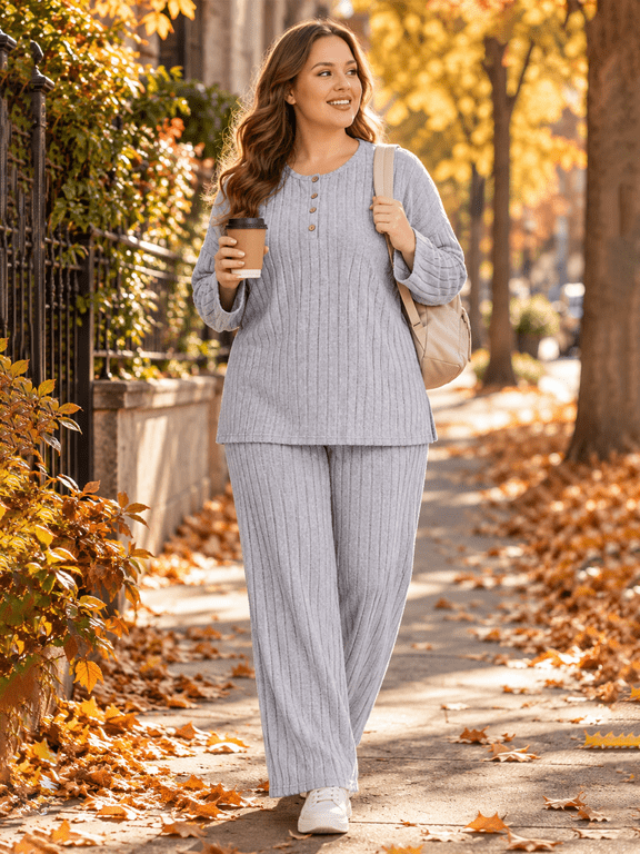 Plus Size Lounge Sets for Women 2 Piece,Outfits for Women Solid Color Ribbed Wide Leg Pants and Long Sleeve,Perfect Gift for Friends(Gray 3XL)