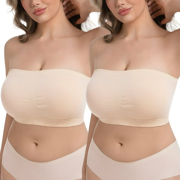 Homlouue Plus Size Strapless Bras for Women,Seamless Non-Slip Comfort Wireless Bandeau Bra,Includes Free Bra Straps(Beige,2XL,2 Pcs)