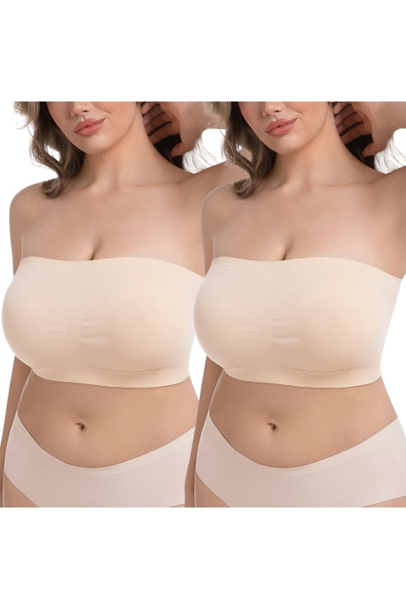 Plus Size Strapless Bras for Women,Seamless Non-Slip Comfort Wireless Bandeau Bra,Includes Free Bra Straps(Beige,2XL,2 Pcs)