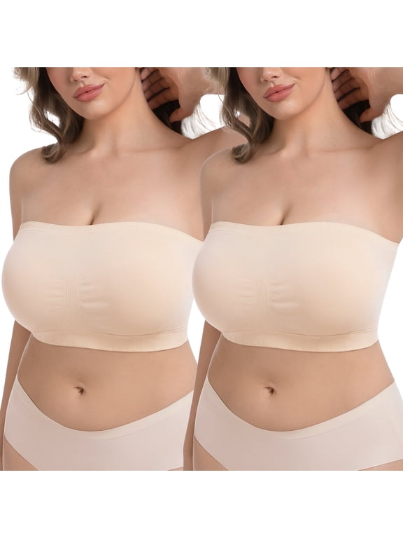 Plus Size Strapless Bras for Women,Seamless Non-Slip Comfort Wireless Bandeau Bra,Includes Free Bra Straps(Beige,3XL,2 Pcs)