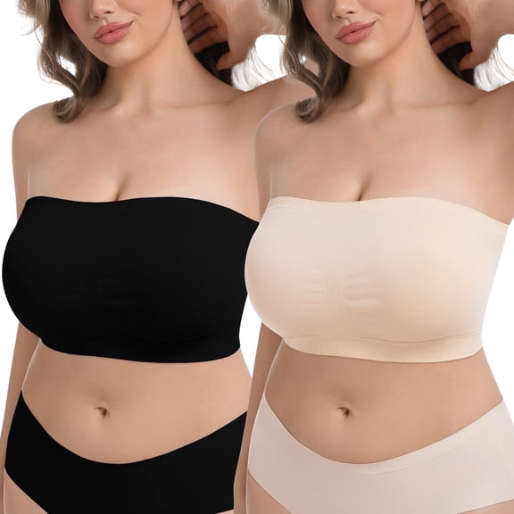 Homlouue Plus Size Strapless Bras for Women,Seamless Non-Slip Comfort Wireless Bandeau Bra,Includes Free Bra Straps(Black and Beige,2XL,2 Pcs)