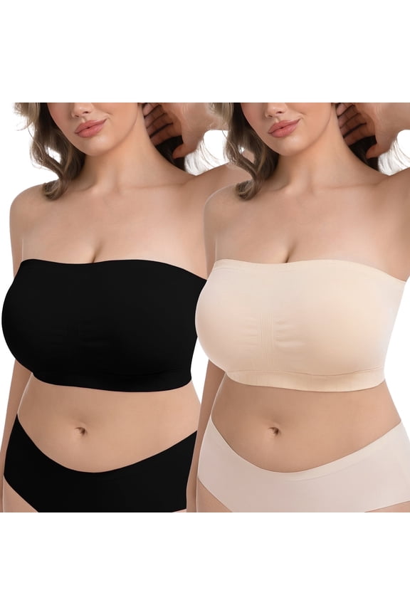 Plus Size Strapless Bras for Women,Seamless Non-Slip Comfort Wireless Bandeau Bra,Includes Free Bra Straps(Black and Beige,2XL,2 Pcs)