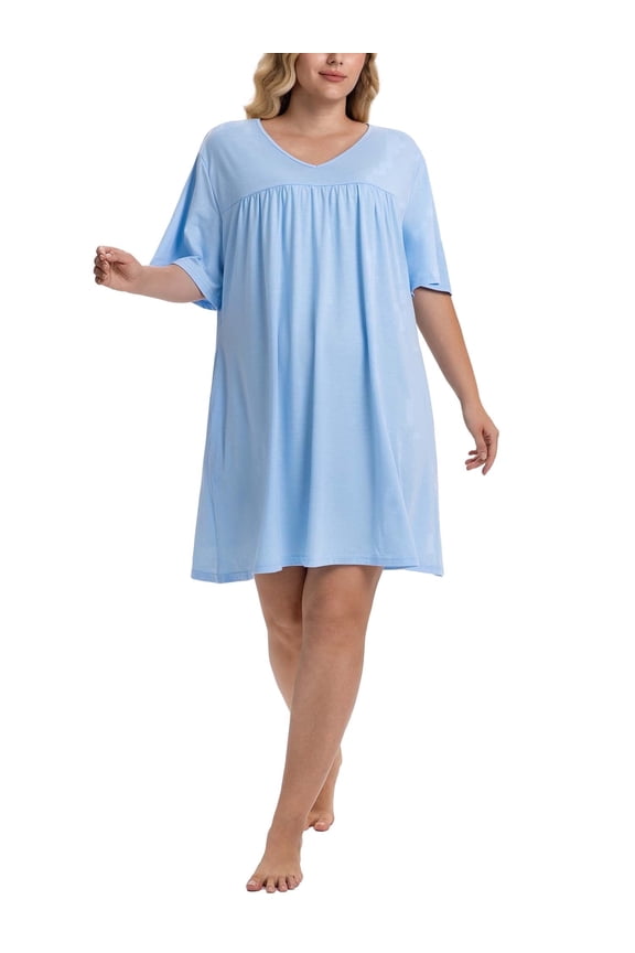 Nightgowns for Women Plus Size,V-Neck Short Sleeve Sleepwear with Pockets,Soft Loose Fit House Dress Loungewear(2XL,Blue)