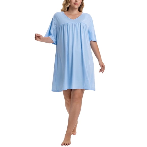 Homlouue Nightgowns for Women Plus Size,V-Neck Short Sleeve Sleepwear with Pockets,Soft Loose Fit House Dress Loungewear(2XL,Blue)