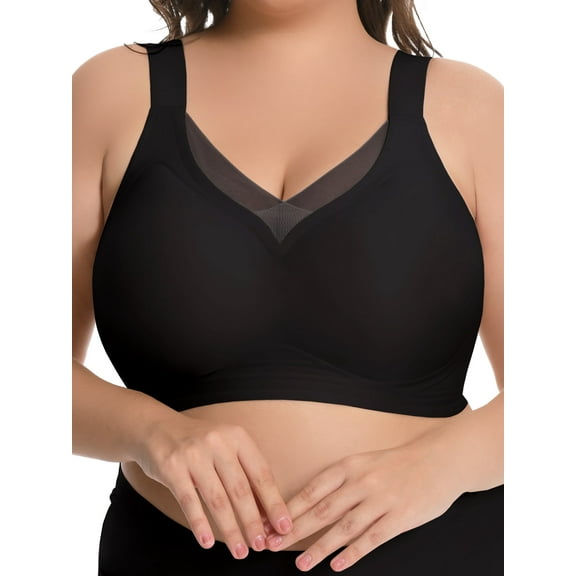 Homlouue Plus Size Bras for Women Sleep Soft Everyday Bra Deep V Mesh Black Full Coverage Wirefree Bra 2XL