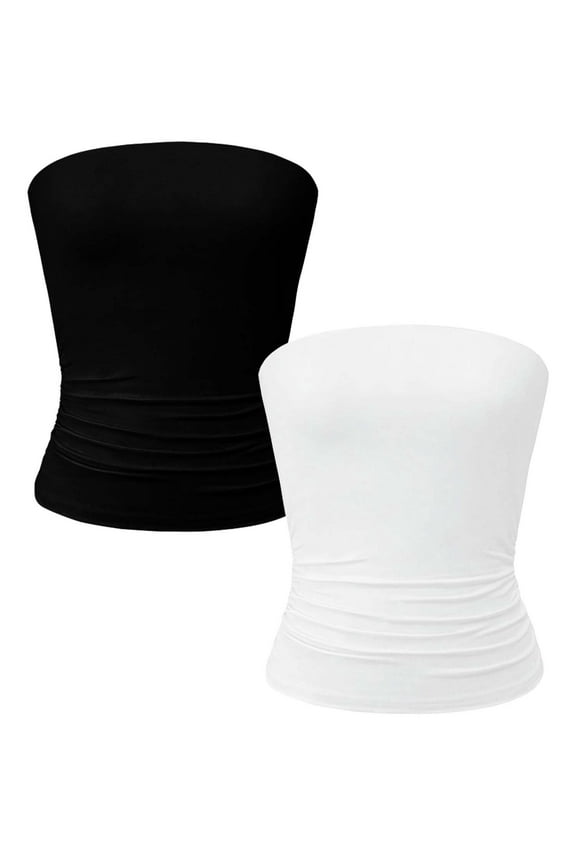 Plus Size Tube Tops for Women Crop Tank Top Basic Going Out Top Strapless 2 Pack White Black 2XL