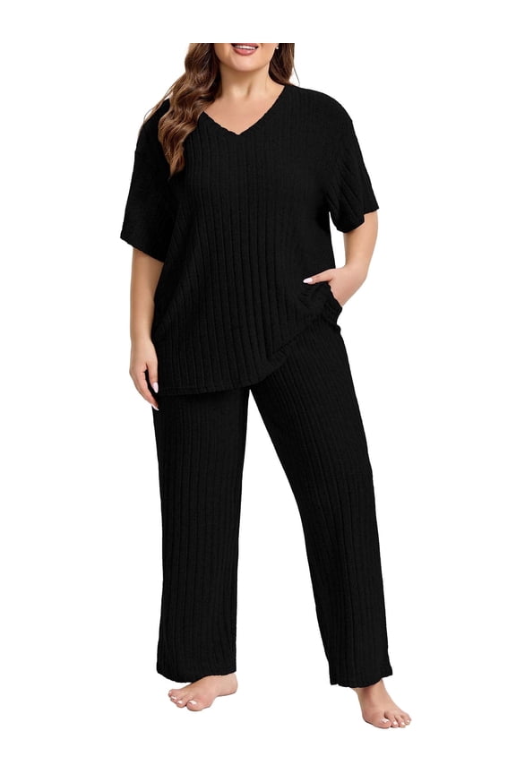 Lounge Sets for Women Plus Size,2 Piece Outfit V-Neck Short Sleeve with Long Pants,Comfortable Ribbed Loungewear for Home or Outdoor(3XL,Black)