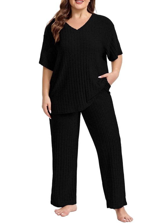 Lounge Sets for Women Plus Size,2 Piece V-Neck Short Sleeve with Long Pants Pajama Sets,Comfortable Ribbed Loungewear for Home or Outdoor(3XL,Black)