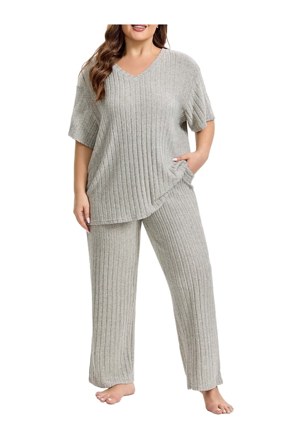 Lounge Sets for Women Plus Size,2 Piece V-Neck Short Sleeve with Long Pants Pajama Sets,Comfortable Ribbed Loungewear for Home or Outdoor(3XL,Green)