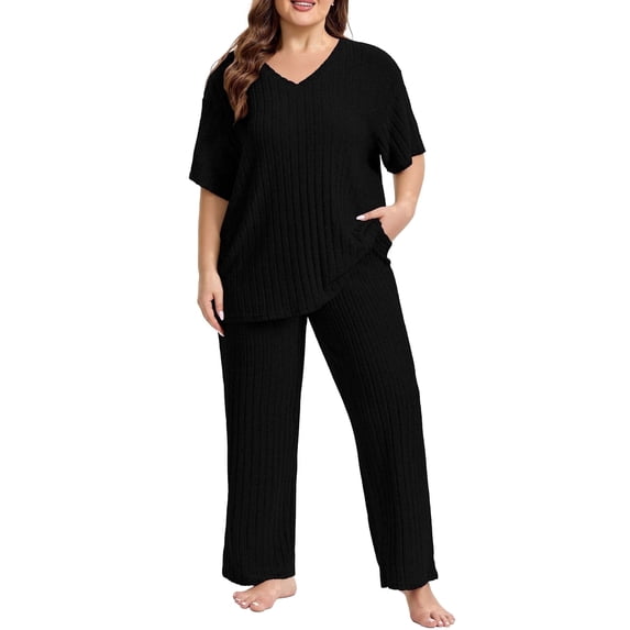 Homlouue Lounge Sets for Women Plus Size,2 Piece Outfit V-Neck Short Sleeve with Long Pants,Comfortable Ribbed Loungewear for Home or Outdoor(2XL,Black)