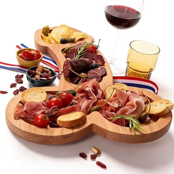 Homlux Foldable Guitar-Shaped Charcuterie Board, Natural Oak Wood, 4 Compartment Serving Platter, For Appetizer Cheese Meat Wine