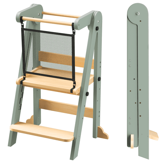 Homlux Foldable Toddler Kitchen Tower, Wooden Step Stool with 3 Adjustable Heights, Toddler Standing Tower with Safety Net (Green & Nature)