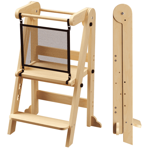 Homlux Foldable Toddler Kitchen Tower, Wooden Step Stool with 3 Adjustable Heights, Toddler Standing Tower with Safety Net (Nature)