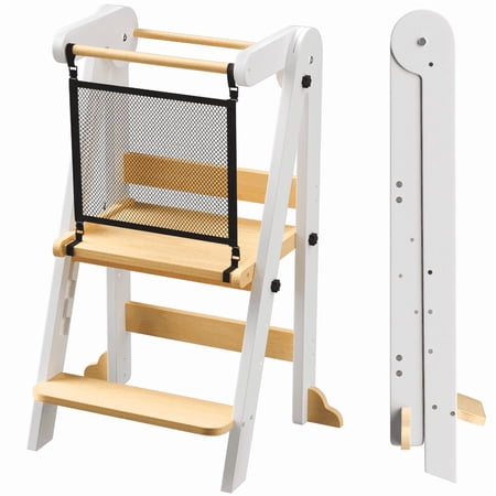 Homlux Foldable Toddler Kitchen Tower, Wooden Step Stool with 3 Adjustable Heights, Toddler Standing Tower with Safety Net (White & Nature)