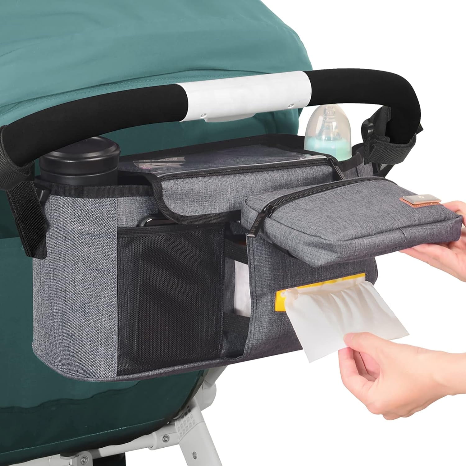 Homlynn Baby Stroller Organizer with Bottle Holders, Universal Stroller Accessories Caddy Storage Bag With Detachable Bag & Shoulder Straps for Carrying Diaper, Phone, Keys, Toys & Snacks(Grey)