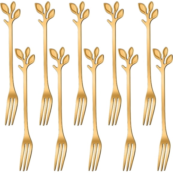 Homlyo 10-Piece Gold Leaf Dessert Forks Set - 4.7" Mini Forks For Fruit,Cocktail,Dessert.